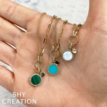 Shy Creation 0.13Ct Diamond & 1.02Ct Malachite Circle Paper Clip Link Necklace SC55024110