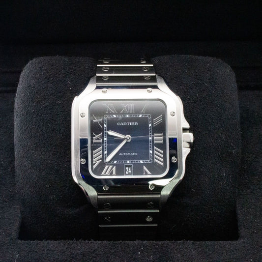 Cartier De Santos Large Blue Dial Interchangeable Leather Strap Luxury Swiss Watch WSSA0030