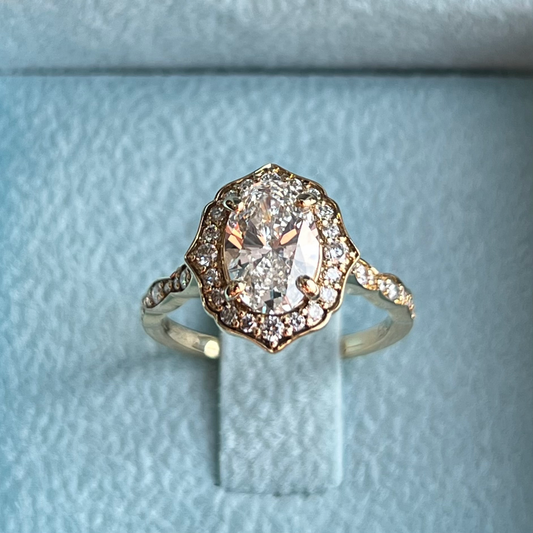 One-of-One Oval Brilliant Diamond Ring w/ Halo in Vintage Style LG689507666