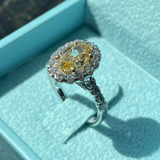 Fancy Vivid Yellow Oval Brilliant Diamond Ring w/ Halo & Diamond Band Accents 83J087452512