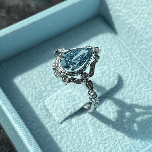 Fancy Vivid Blue Pear Brilliant Diamond Ring in Vintage Setting & Diamond Band Accents LG677559681